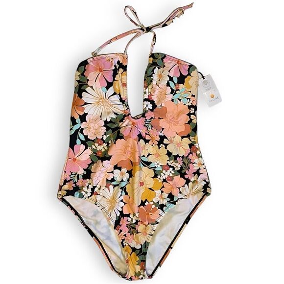 Shade&Shore Multi Floral Halter Keyhole Bandeau Tie Back One Piece Swimsuit NWT - Picture 3 of 16